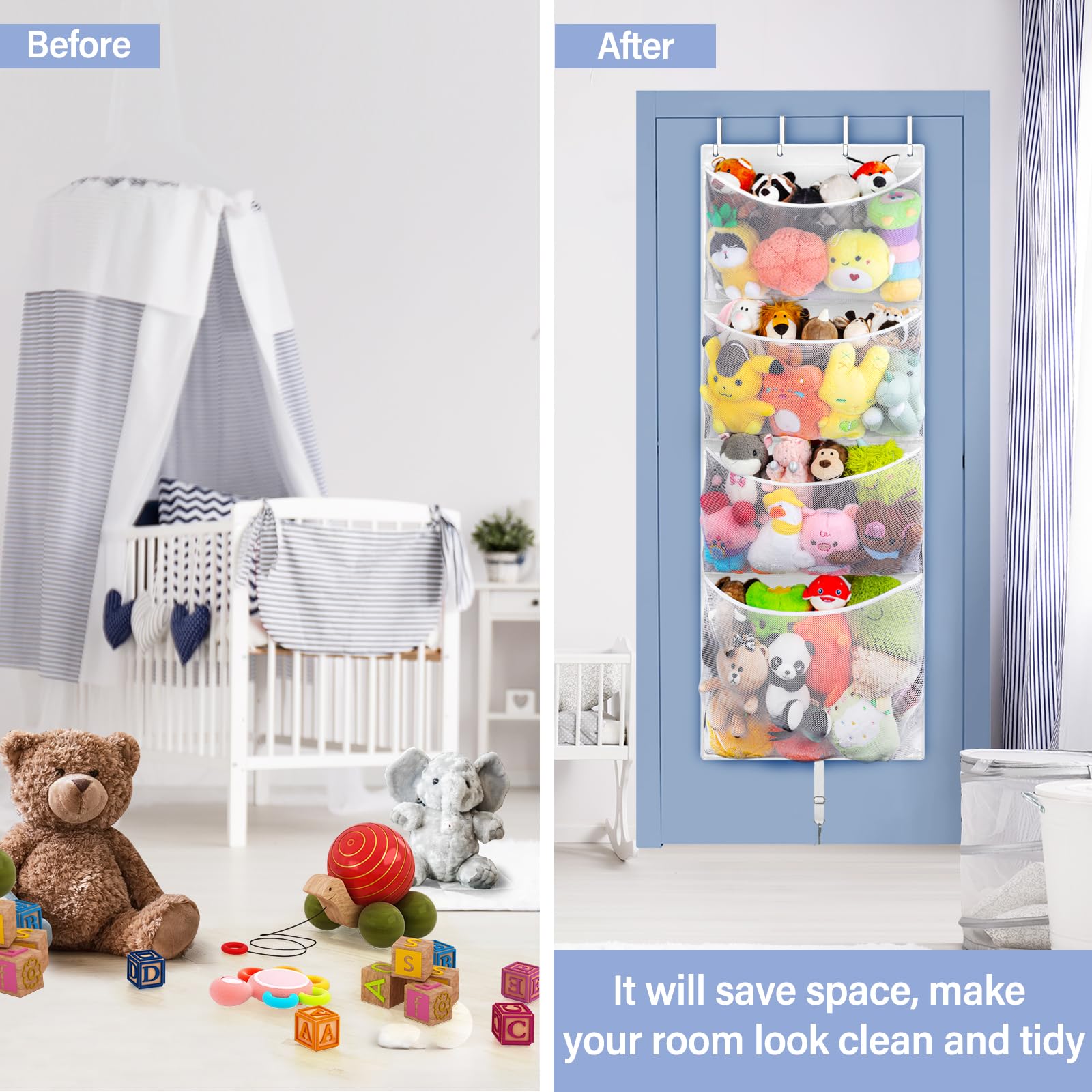Woodoulogy nursery mesh hammock displays breathable pockets for quick toy visibility