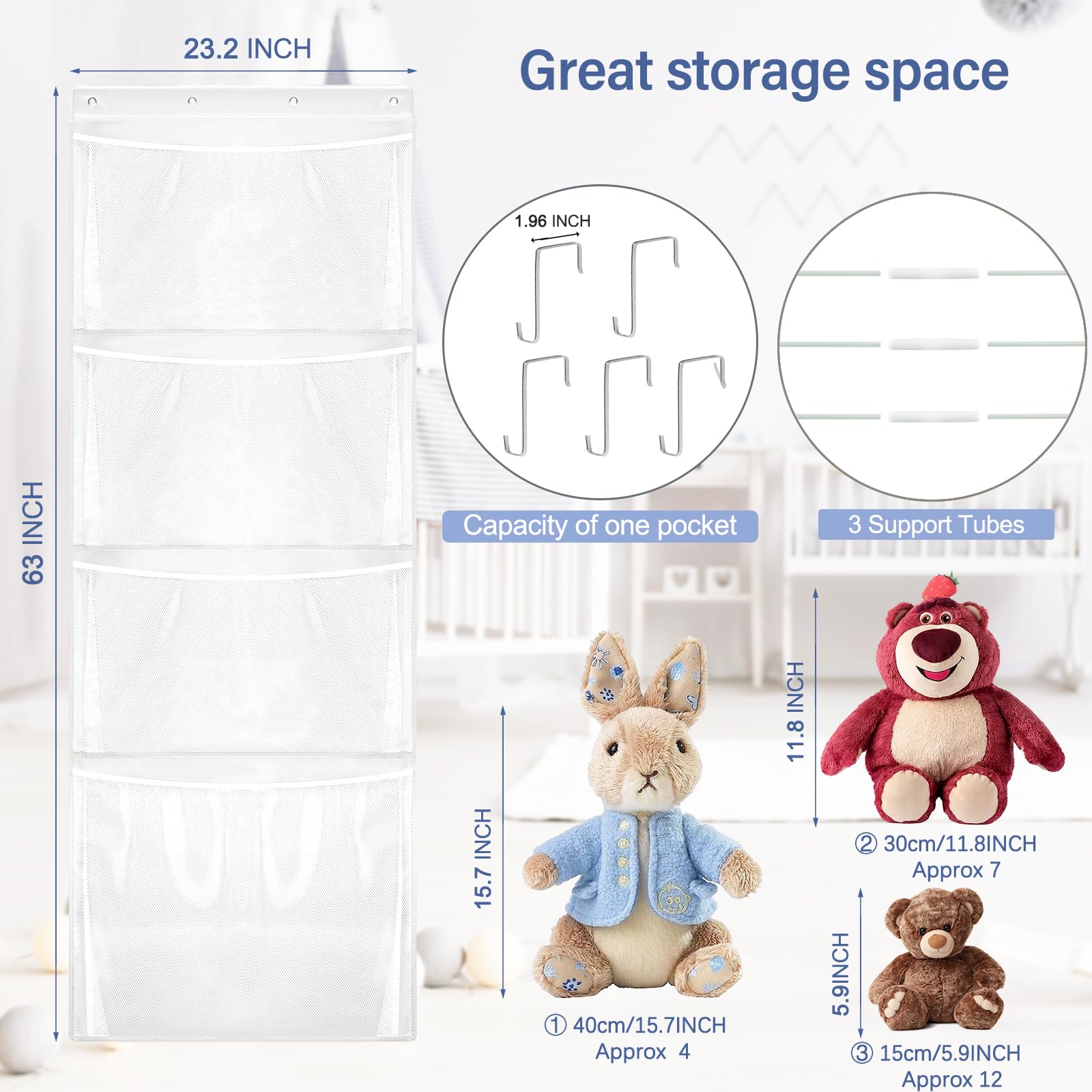 Woodoulogy over-door plush toy organizer attached to a door with sturdy hooks