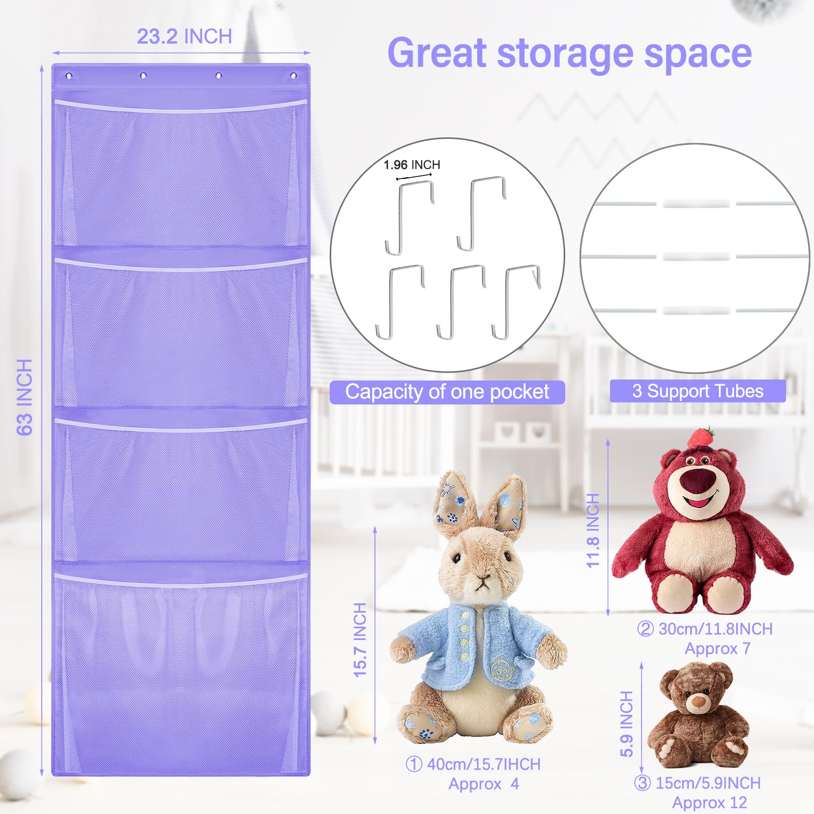 Woodoulogy over-door organizer with mesh bags for visible toys and quick cleanup.