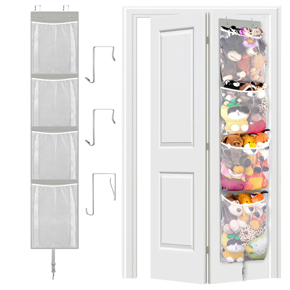 Woodoulogy stuffed animal storage over door with mesh bag for quick toy visibility.