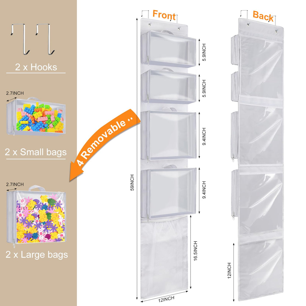 Woodoulogy toy holder removable pouches keep toys organized and portable.