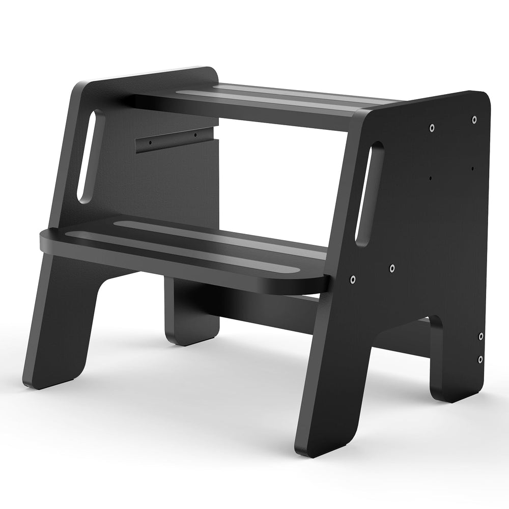 Woodure toddler step stool with height-adjustable 2-step design for growing children in the bathroom.