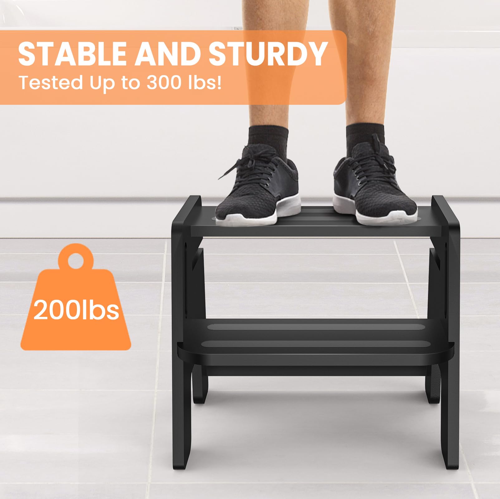 Woodure 2-step stool used for bathroom routines and kitchen countertop access.