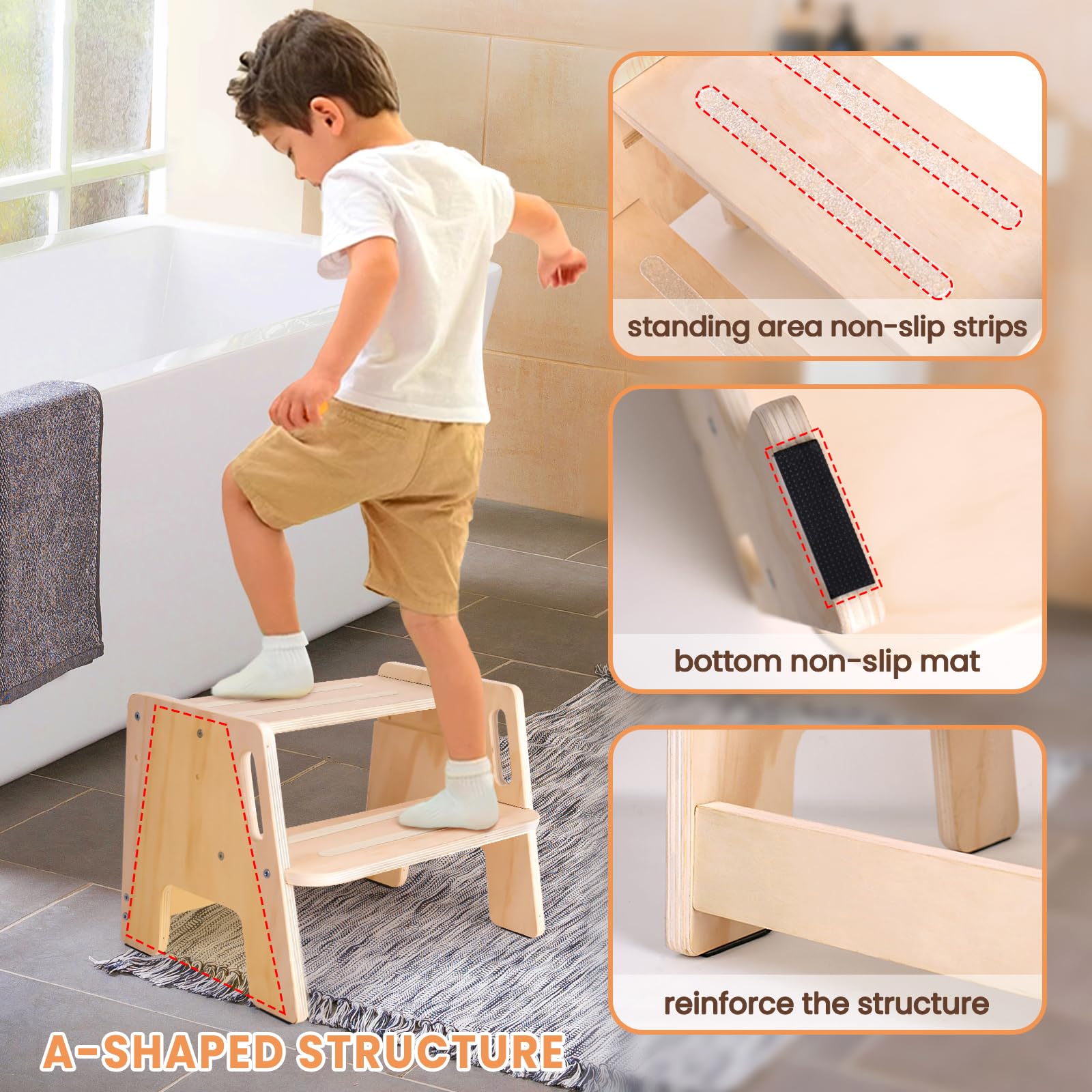 Woodure step stool with side armrests for safer climbing
