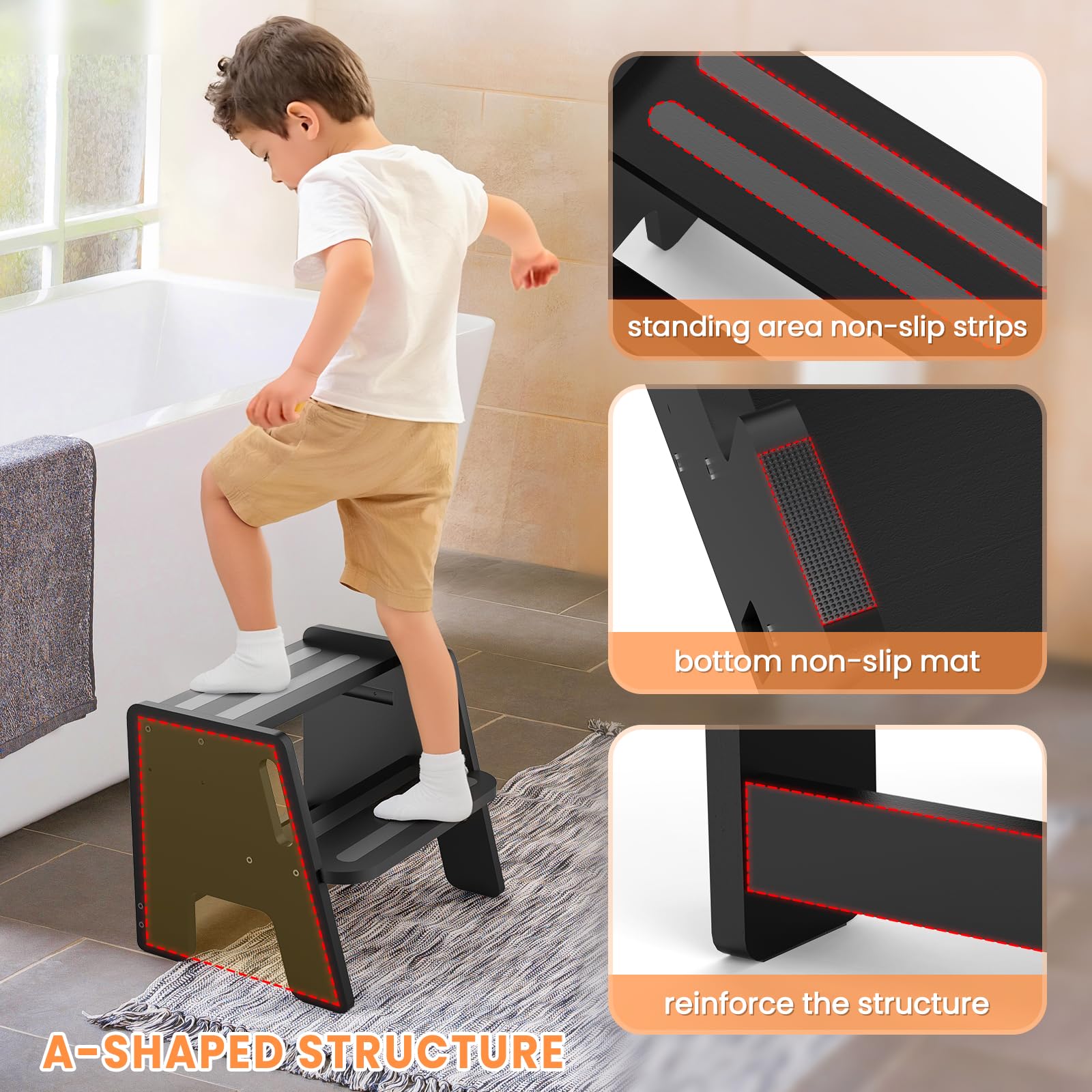 Woodure toddler step stool showing side armrests for safer climbing.