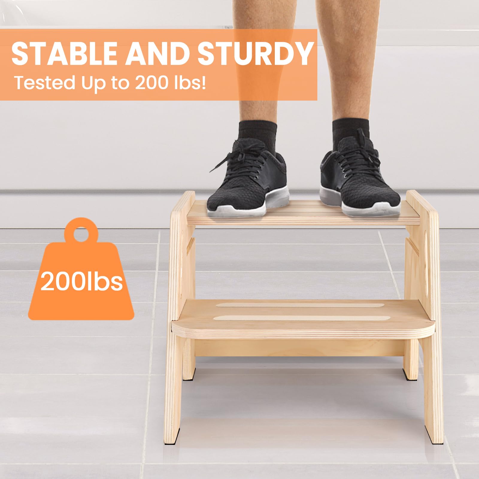 Woodure two-step stool with stain-resistant surface for easy cleaning