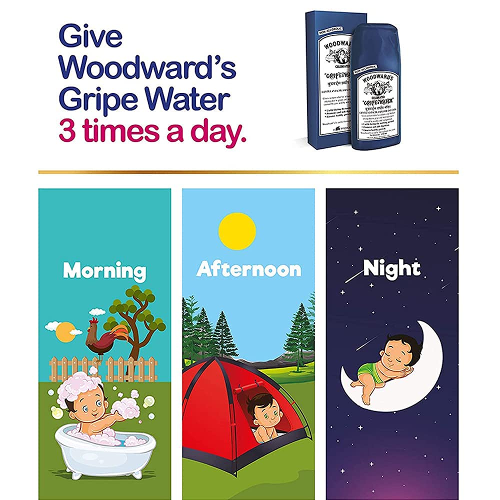 Woodward's Gripe Water safety label showing alcohol- and sugar-free formula.