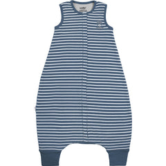 Woolino baby sleep bag with feet holes in navy for mobility.