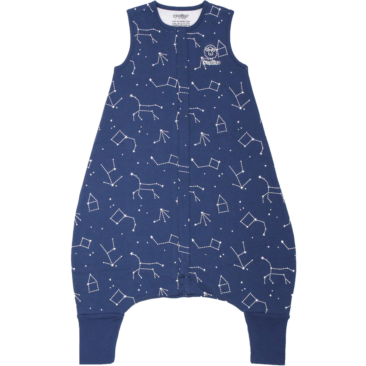 Woolino four-season baby sleep bag in night sky provides year-round coziness.
