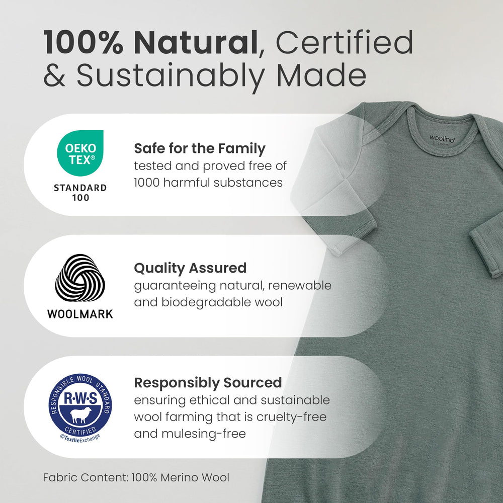 Woolino infant nightgown bottom elastic band makes diaper changes simple.