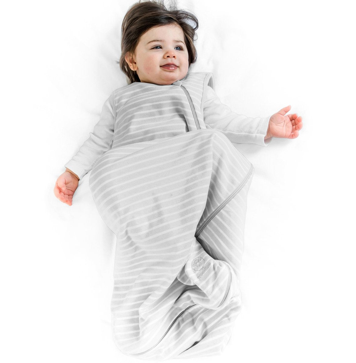 Woolino Merino sleep bag gray exterior keeps baby comfortable through seasons.