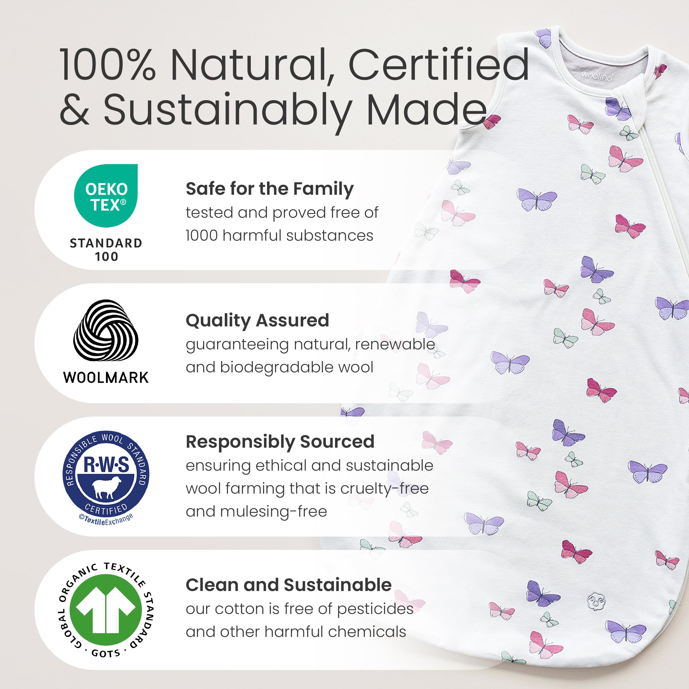 Zipper guards on Woolino Sage sleeping bag protect baby's skin during sleep.