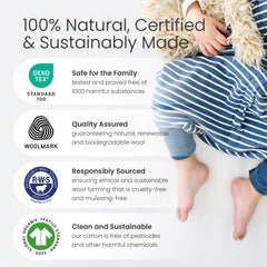 Woolino organic cotton outer shell, durable and gentle for baby skin.