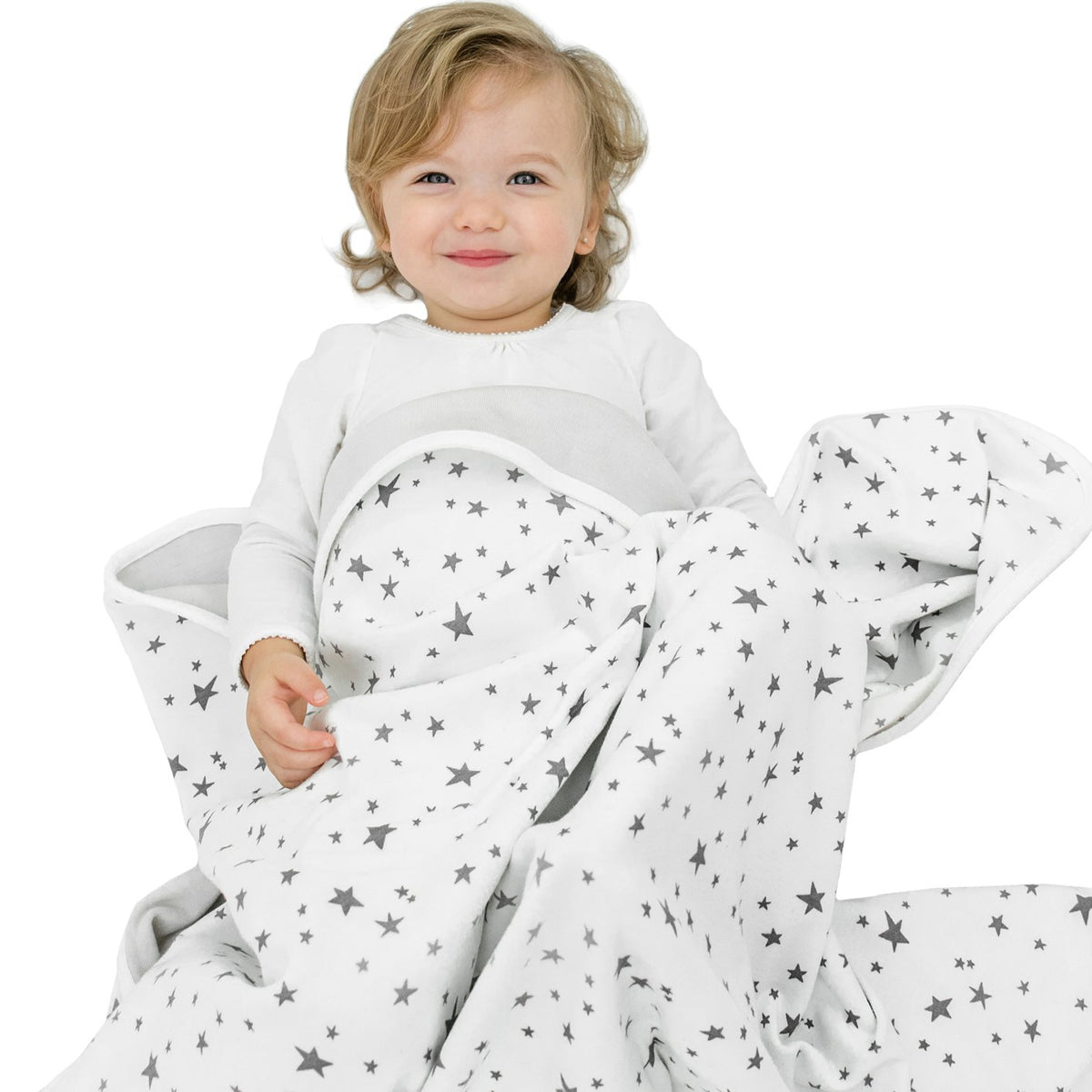 Woolino Toddler Blanket Stars Gray close-up reveals merino wool for year-round comfort and breathability