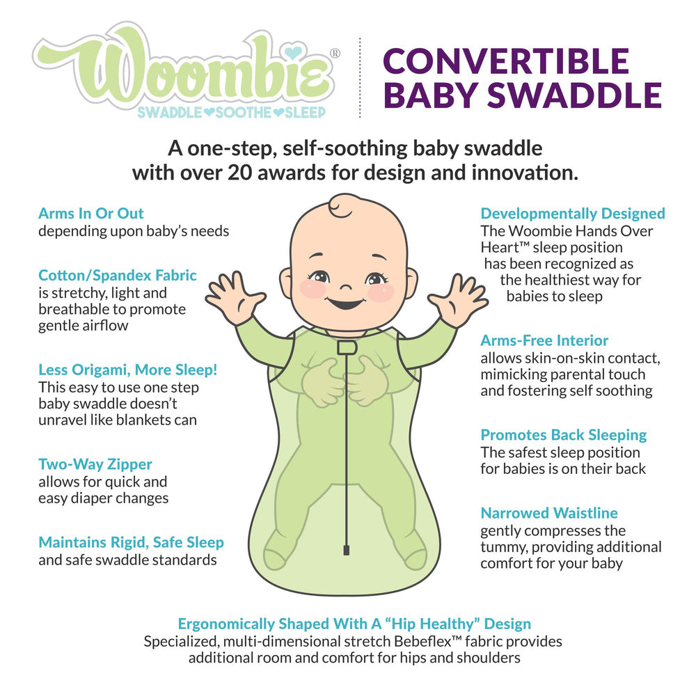 Woombie hip-healthy swaddle design supports comfortable hip alignment.
