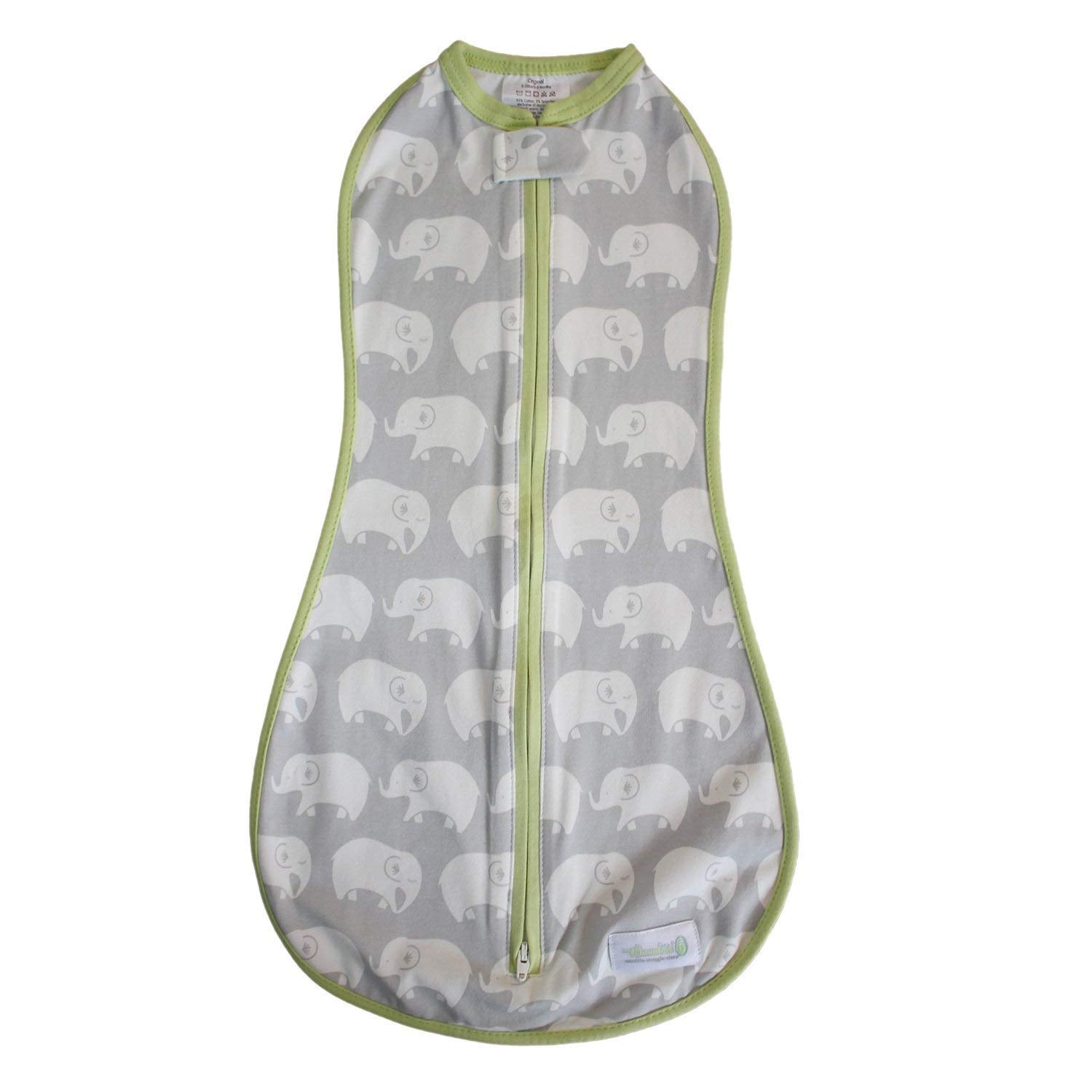 Woombie Stardust Elephant swaddle setup provides snug comfort for peaceful sleep.