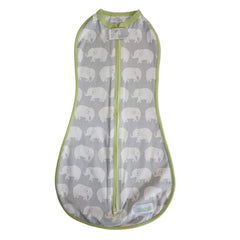 Woombie Stardust Elephant swaddle setup provides snug comfort for peaceful sleep.