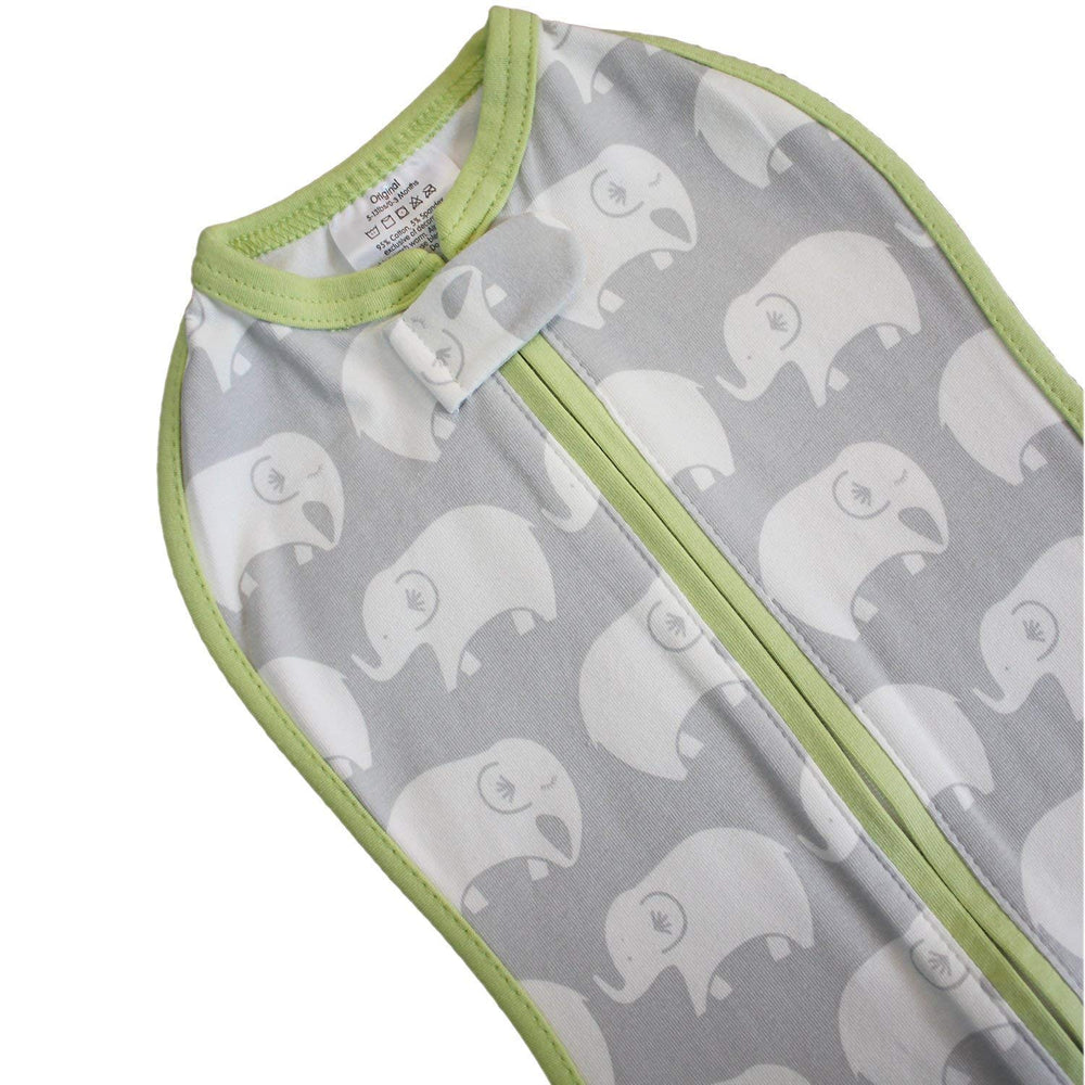Woombie Stardust Elephant wearable blanket shows adaptable warmth for growing babies.