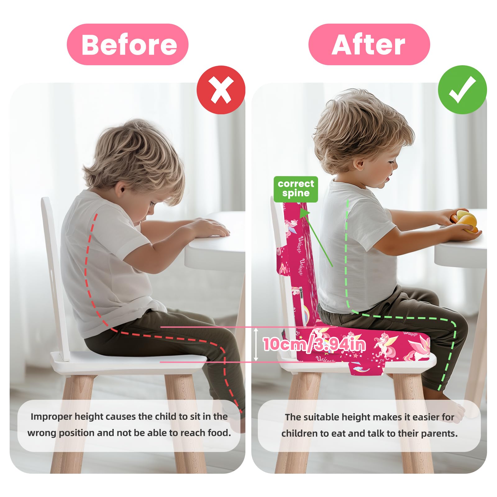wooshwa Unicorn booster seat with detachable cover for easy cleaning.