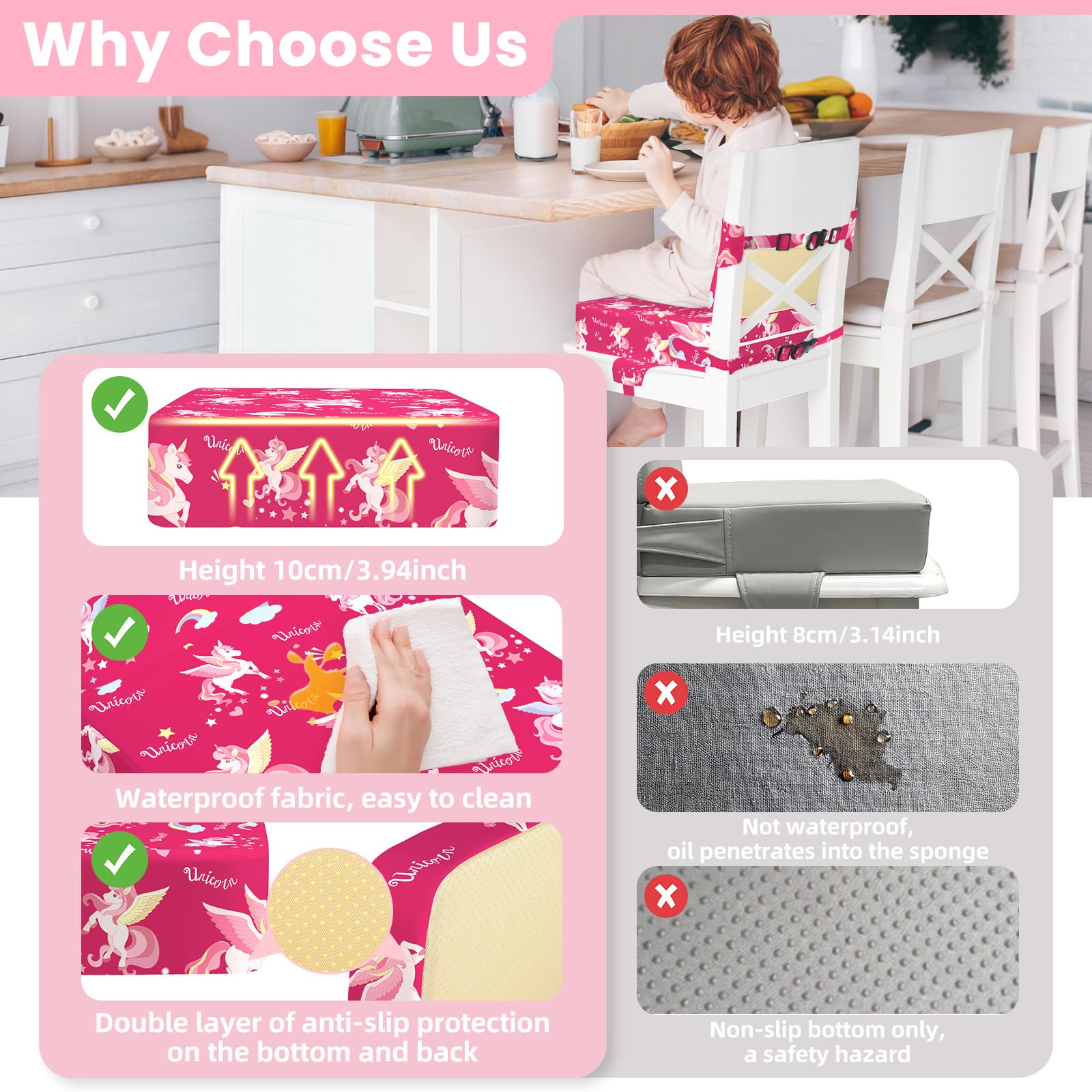 wooshwa Unicorn booster seat with machine-washable cover for quick refreshment.