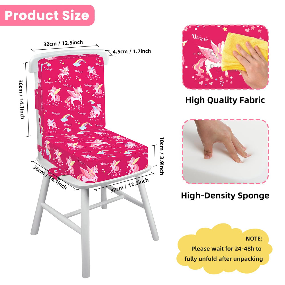 wooshwa Unicorn booster seat with non-slip base stabilizes on chairs.