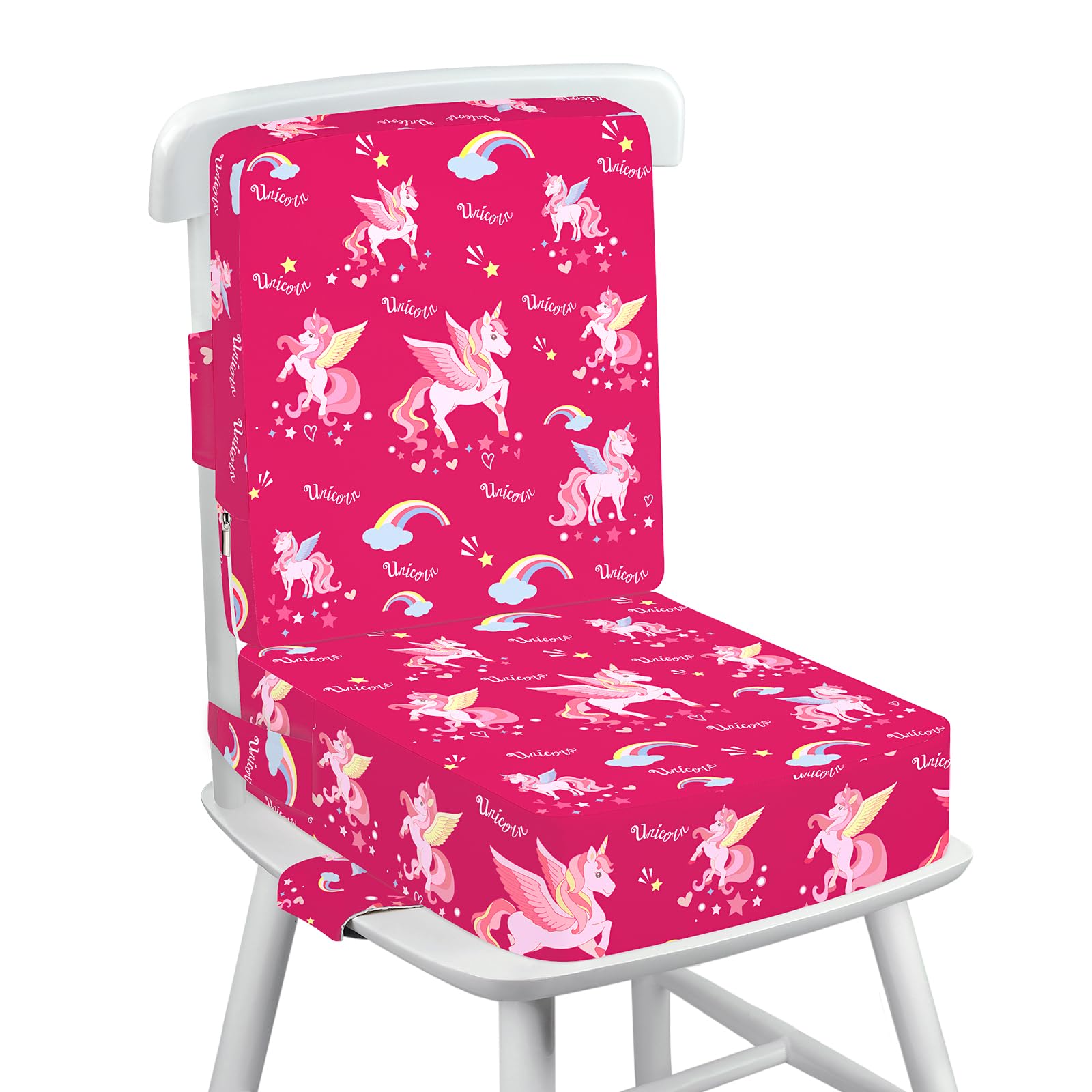 wooshwa Unicorn booster seat on chair improves toddler dining comfort.