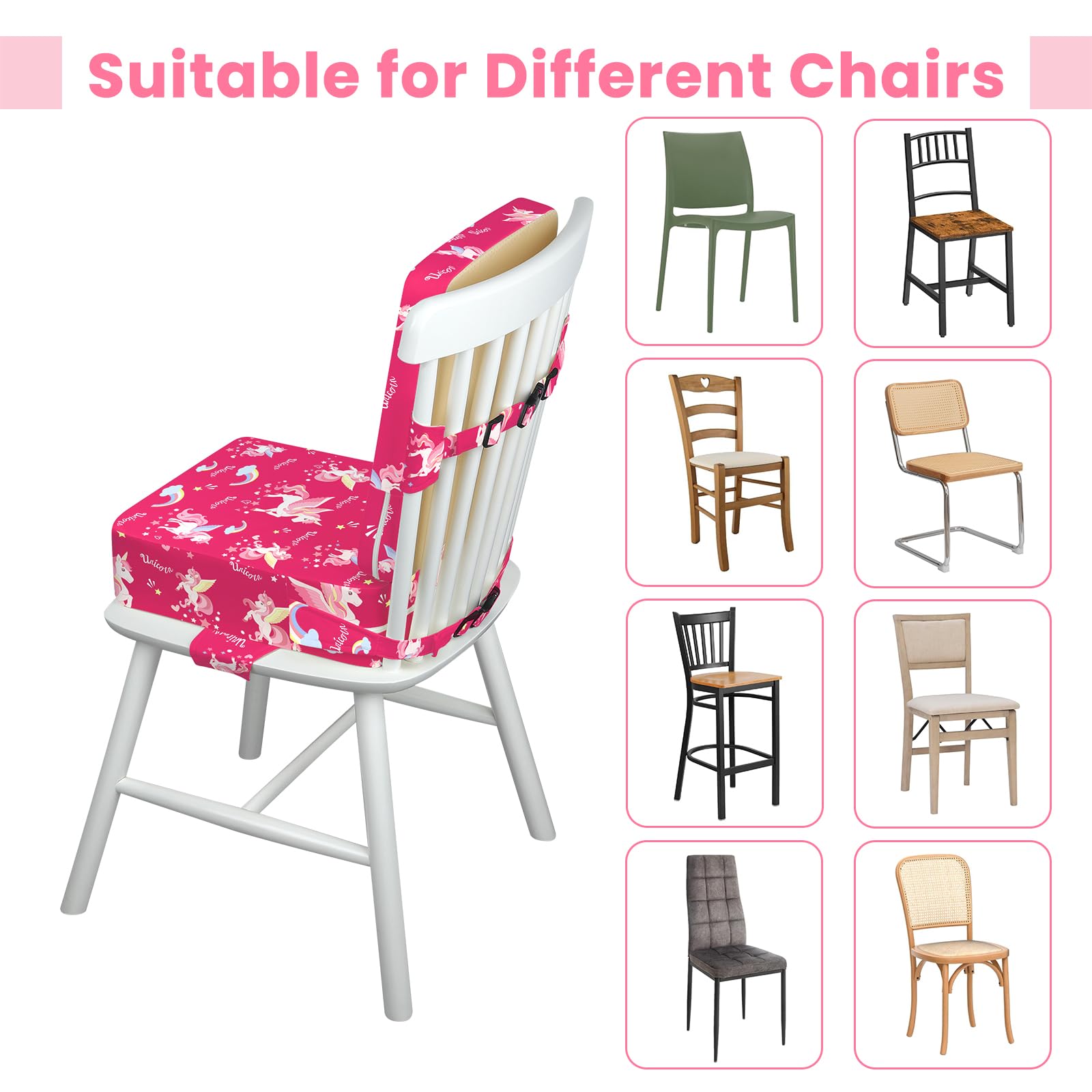 wooshwa Unicorn booster seat is portable for dining out and travel.