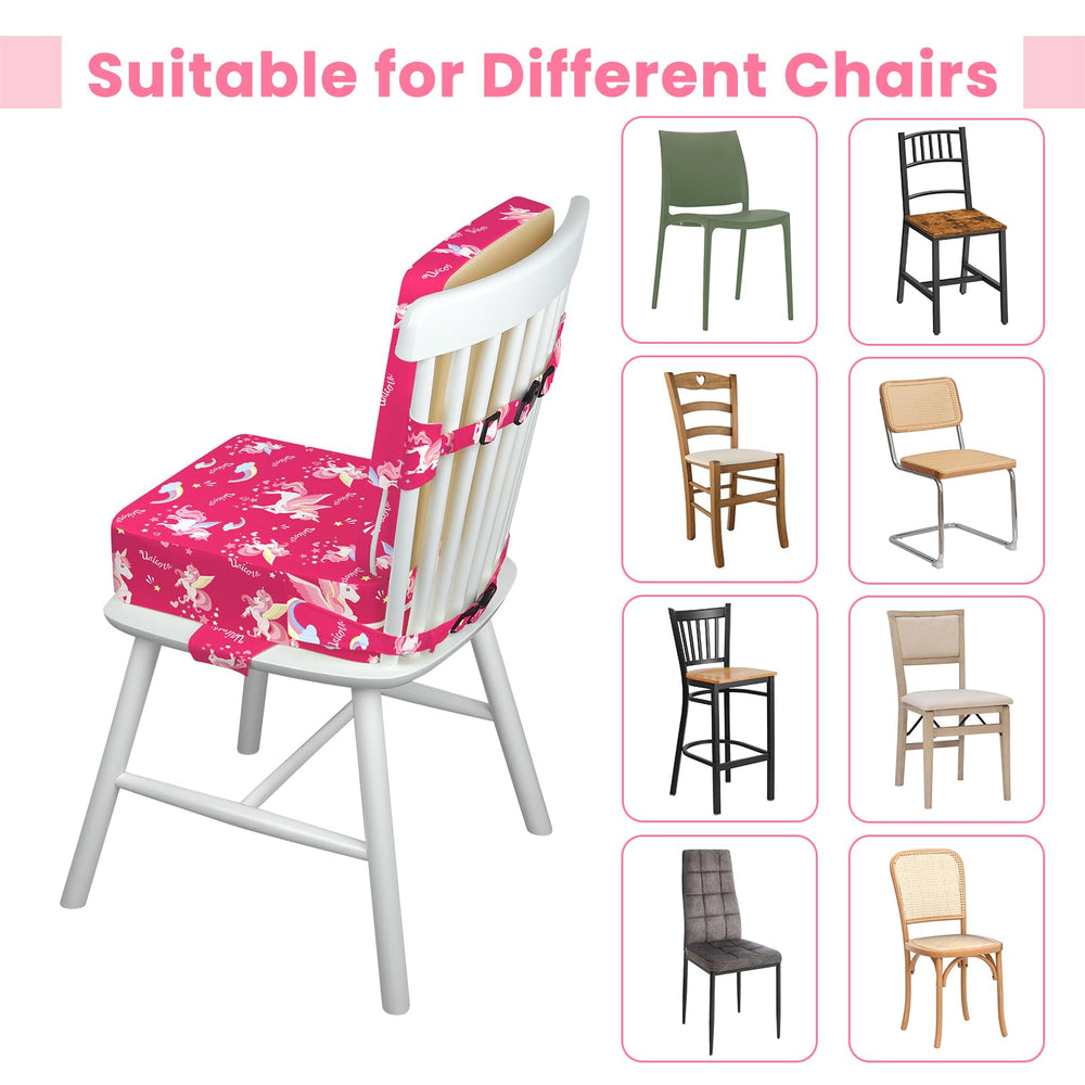 wooshwa Unicorn booster seat is portable for dining out and travel.