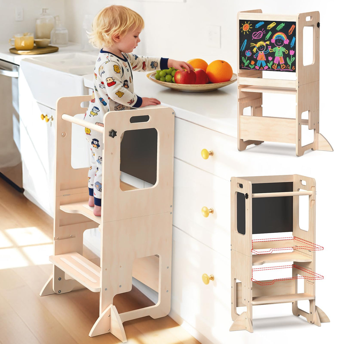 Worldmx adjustable height toddler stool front view, sturdy and safe for kitchen participation.