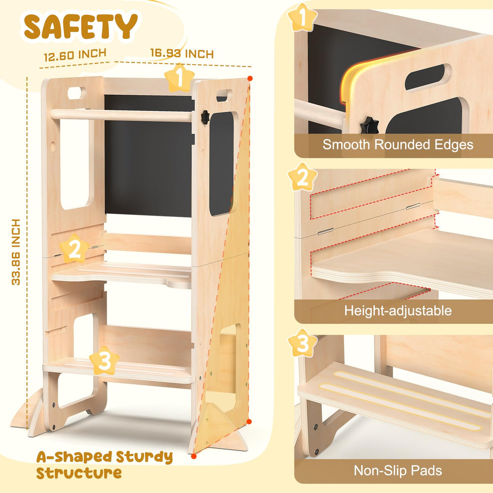 Worldmx learning tower in action demonstrates height adjustment as child grows.