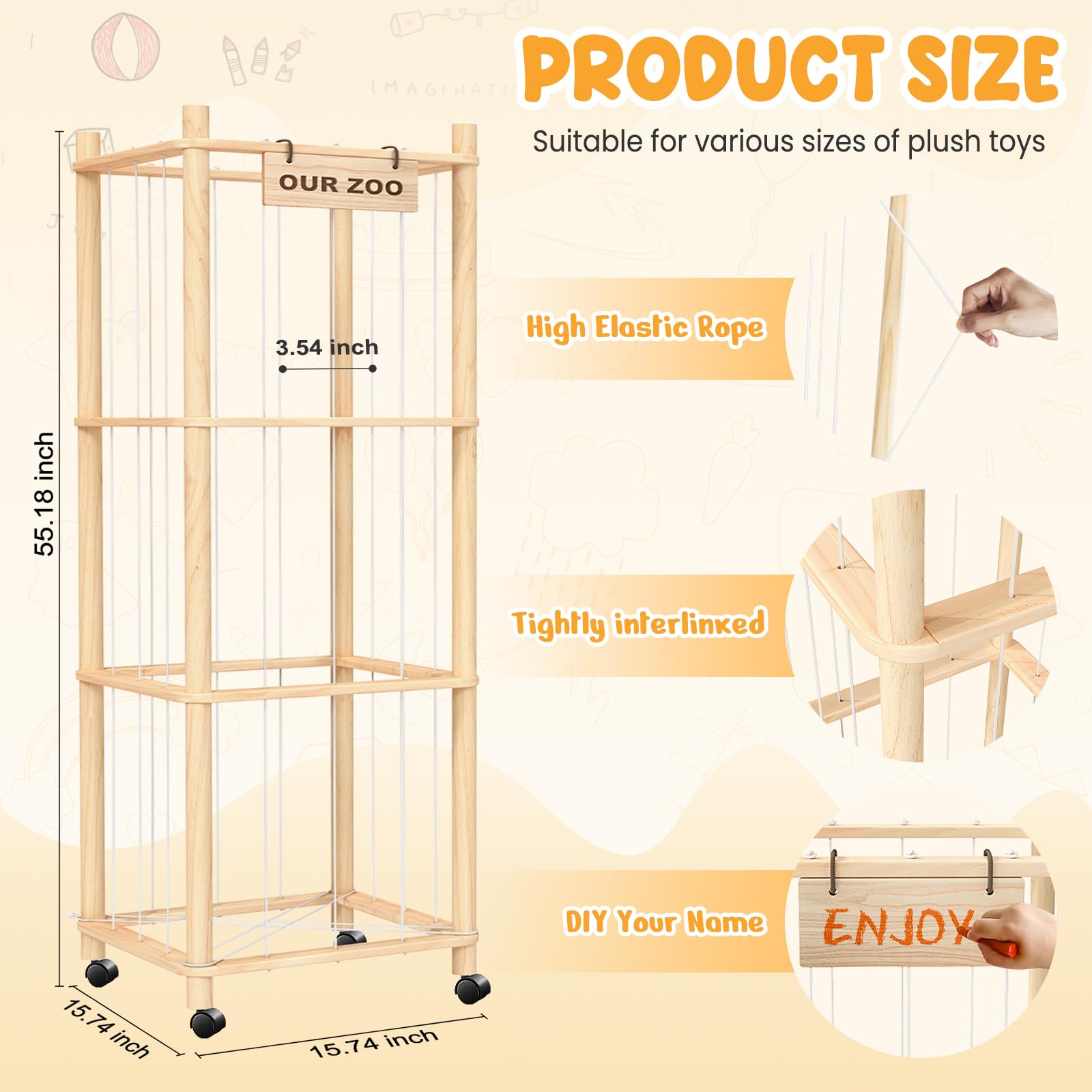 WORLDMX plush toy organizer featuring elastic bars for quick toy access.