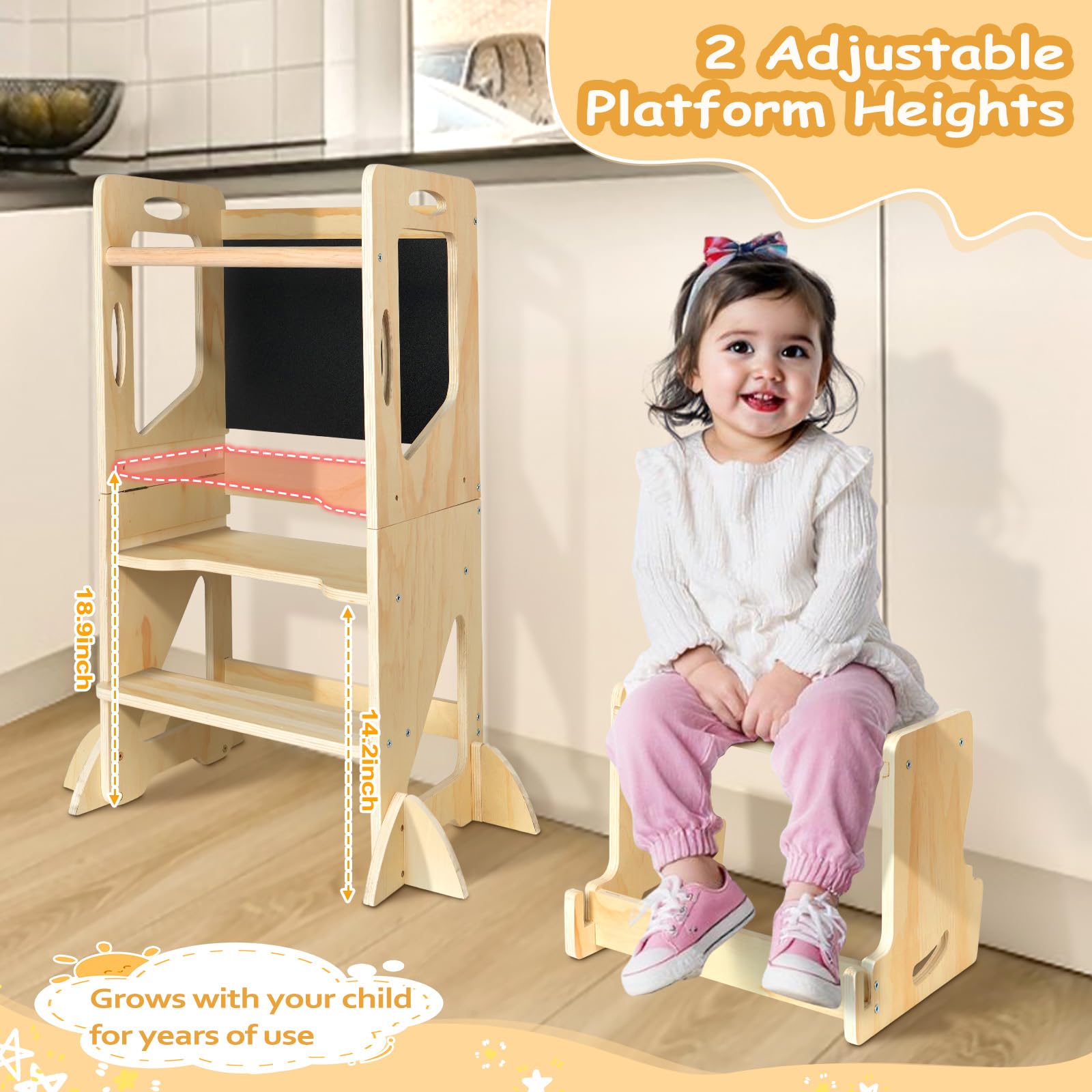 Safety bar, handrail, and rounded edges enhance kid safety