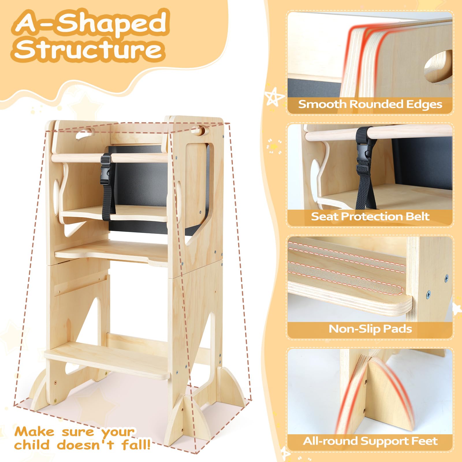 Solid wood and MDF construction supports kids safely during kitchen tasks
