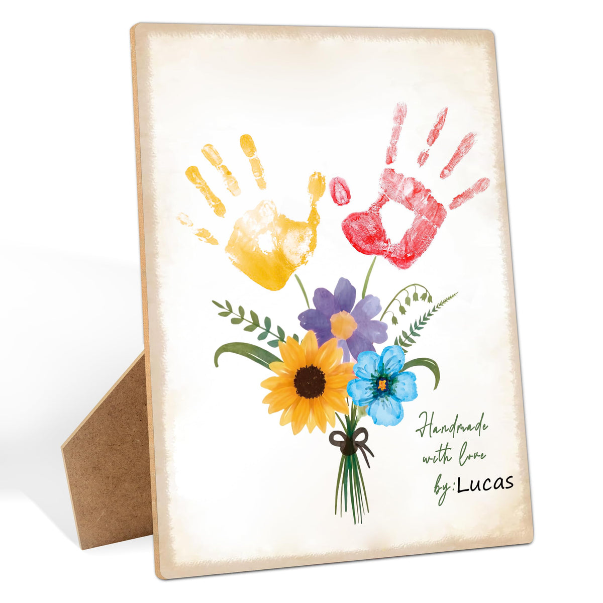Woukaup flower bouquet handprint sign on a stand, lasting keepsake display.