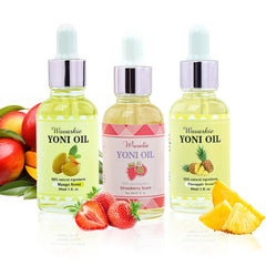 Wovarkie Yoni Oil bottle close-up highlighting natural ingredients for daily care.