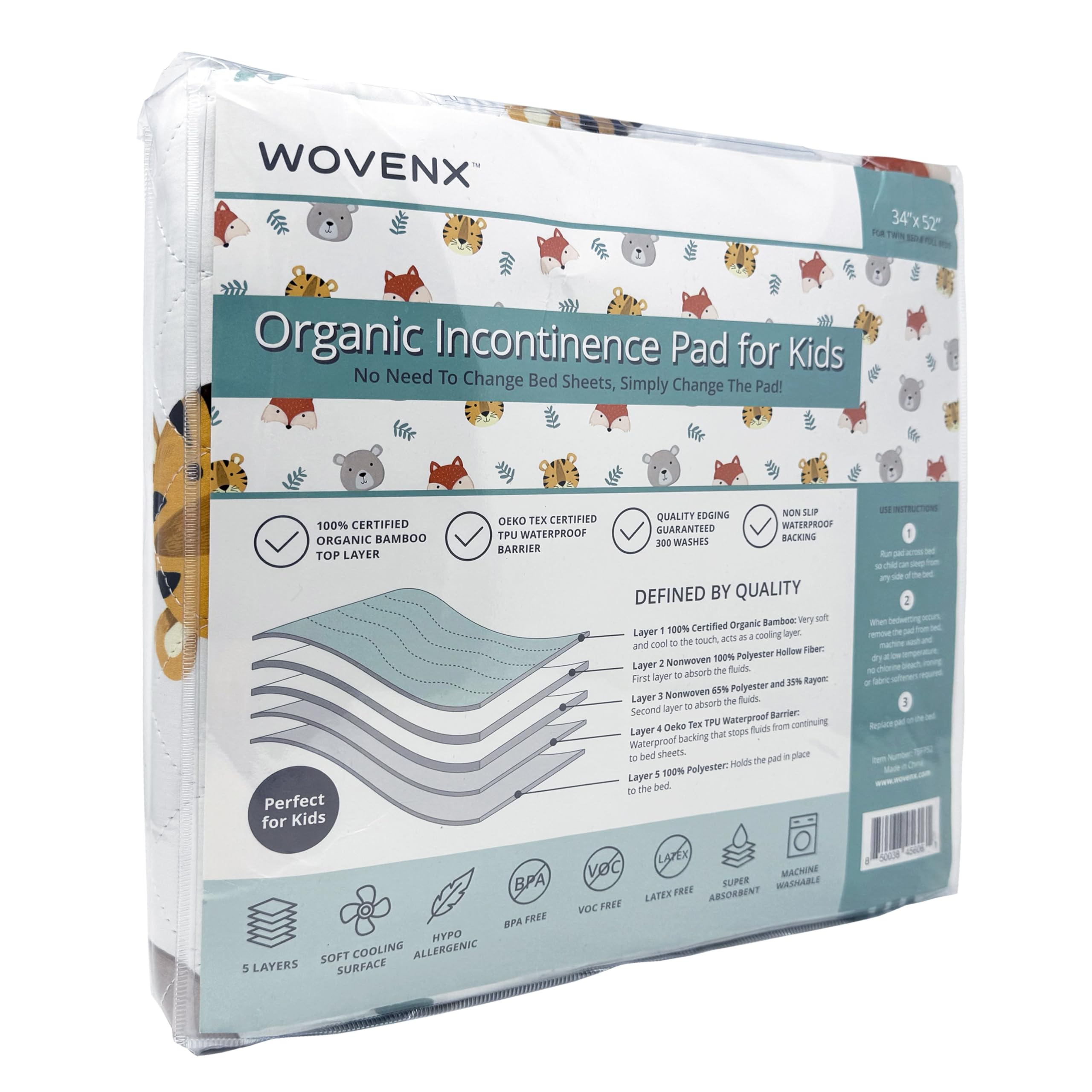 WOVENX five-layer absorbent pad keeps bedding dry overnight