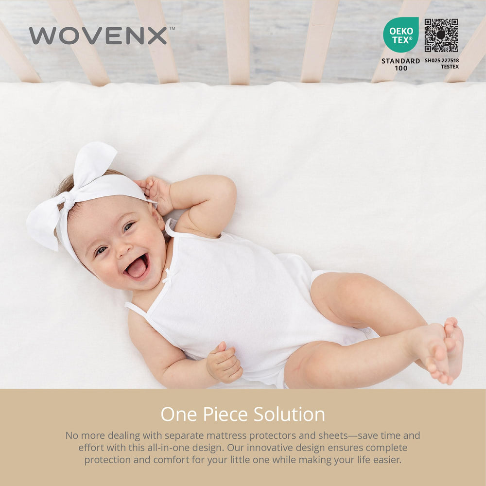 Wovenx white packaging showing ready-to-use crib sheet and protector