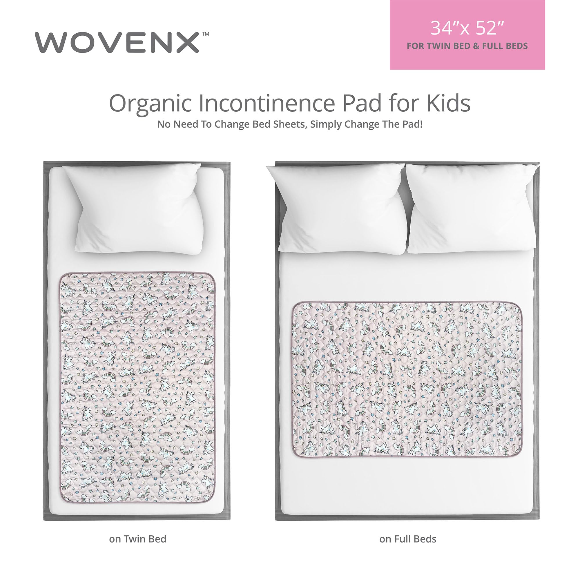 Pad placed on a twin bed, centered for full protection.