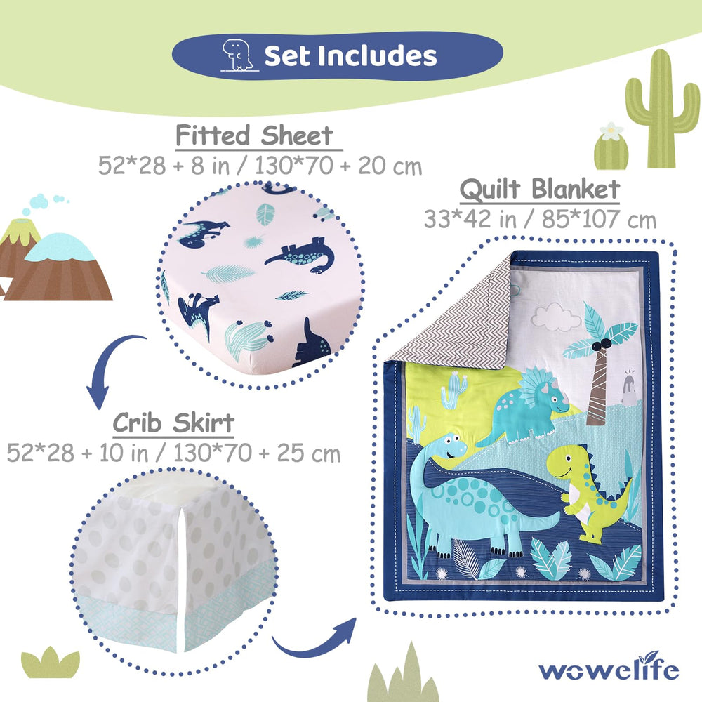Wowelife blue dinosaur pattern bedding enhances nursery decor with cheerful accents