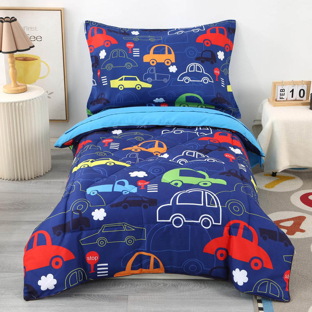 Wowelife car toddler bedding blue comforter for cozy bedtime with playful cars
