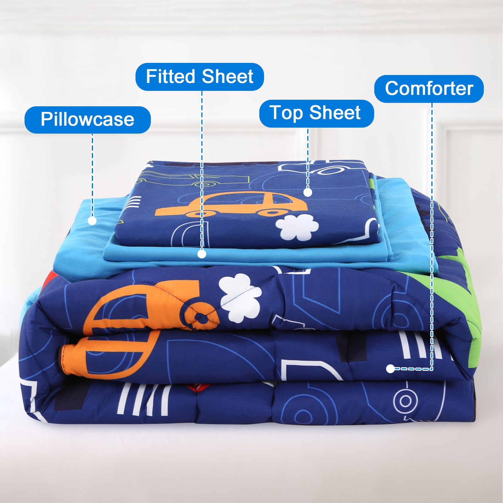 Wowelife car toddler bedding packaging highlights easy care and durability