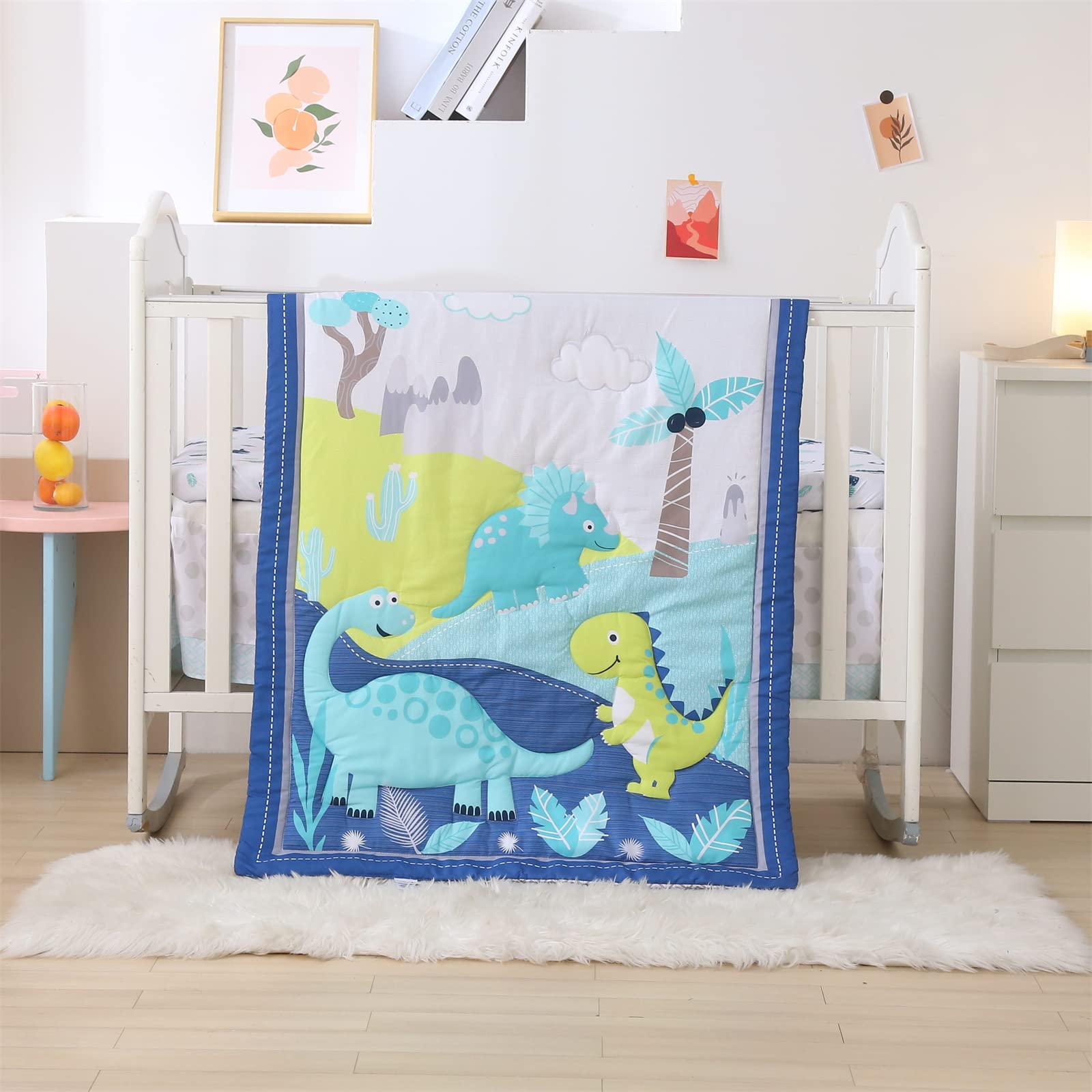 Wowelife dinosaur crib bedding comforter in blue dinosaurs for a cozy nursery