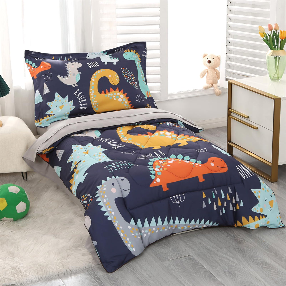 Wowelife dinosaur toddler bedding packaging highlights an easy-care 4-piece set.