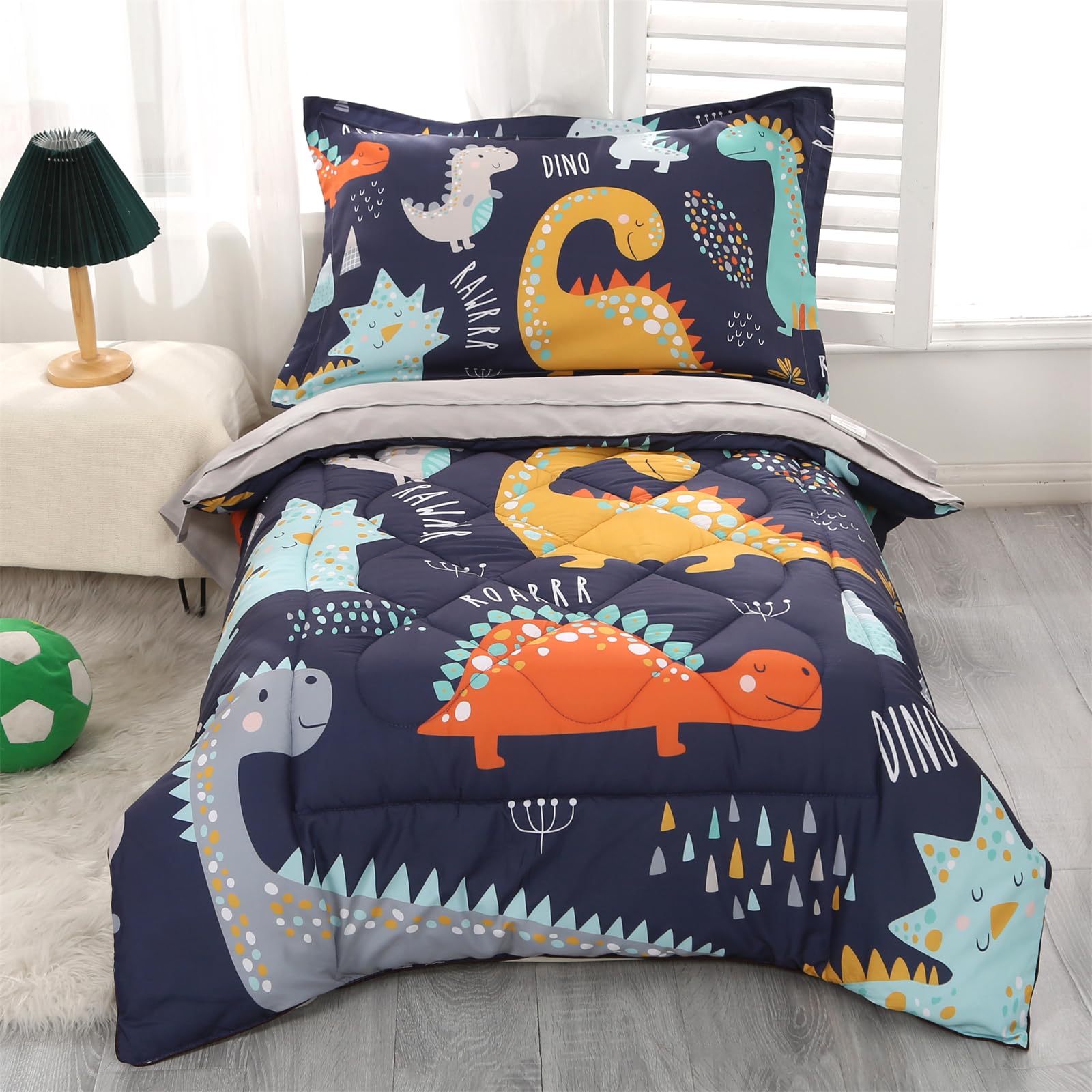 Wowelife dinosaur toddler comforter in blue gray for cozy bedtime.