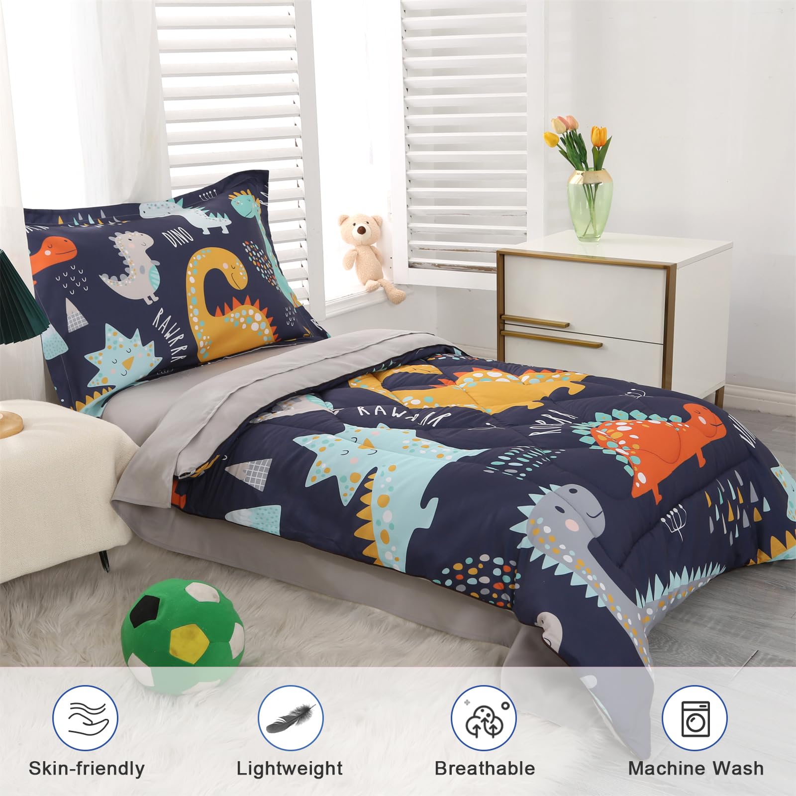 Wowelife dinosaur pillowcase complements the set for comfy sleep.