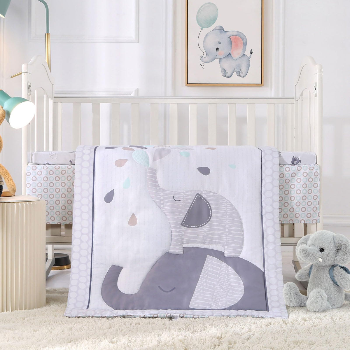 Wowelife Elephant crib bedding comforter in gray, soft warmth for newborn naps.