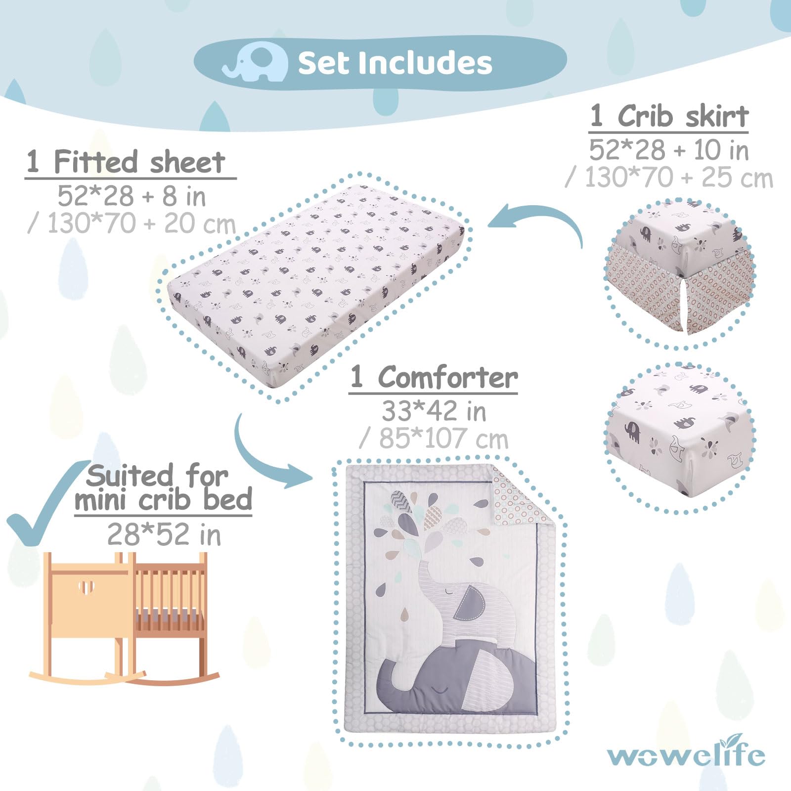 Wowelife Elephant crib set, ready-to-go for easy nursery setup.