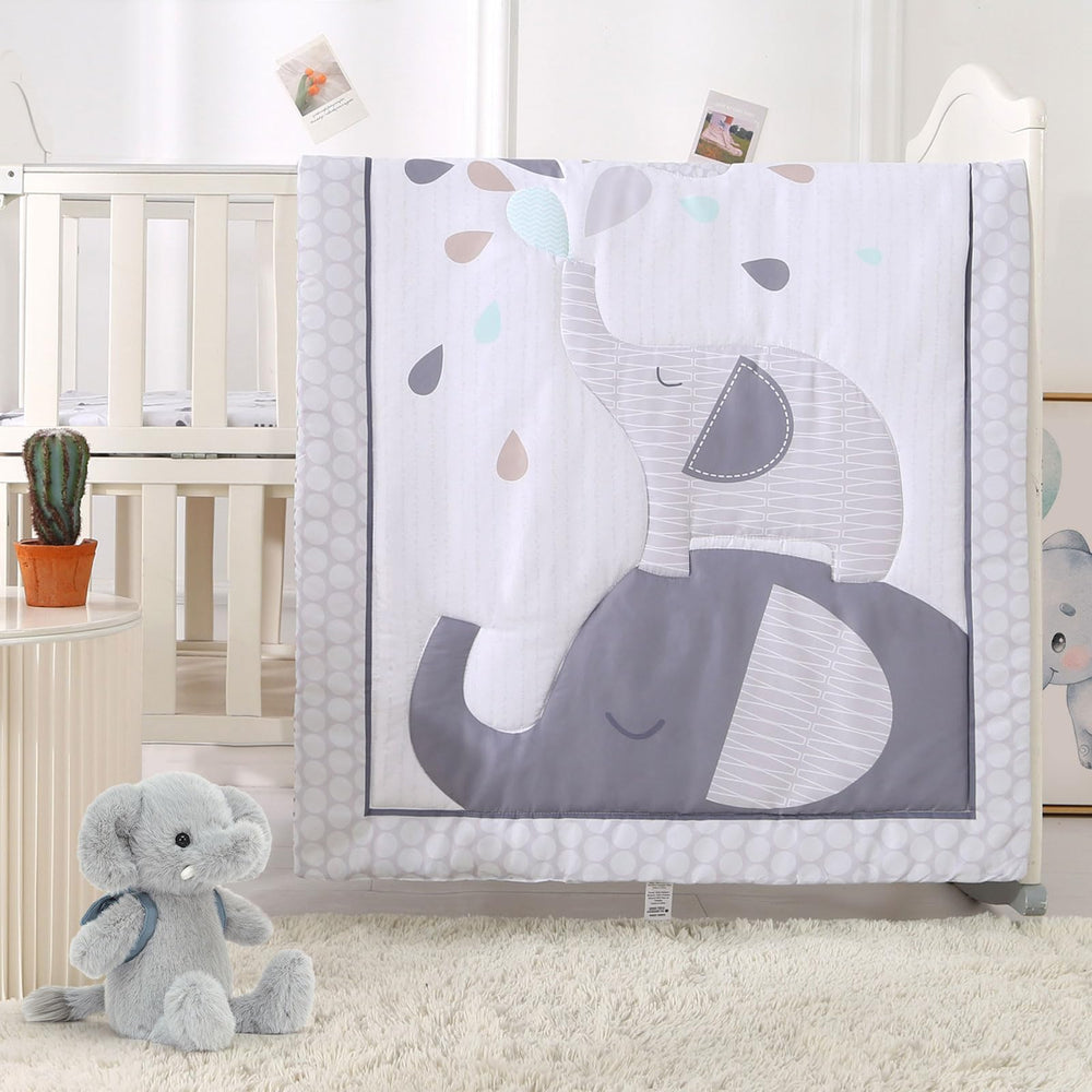 Wowelife Elephant crib skirt gray, keeps the mattress neatly tucked and tidy.