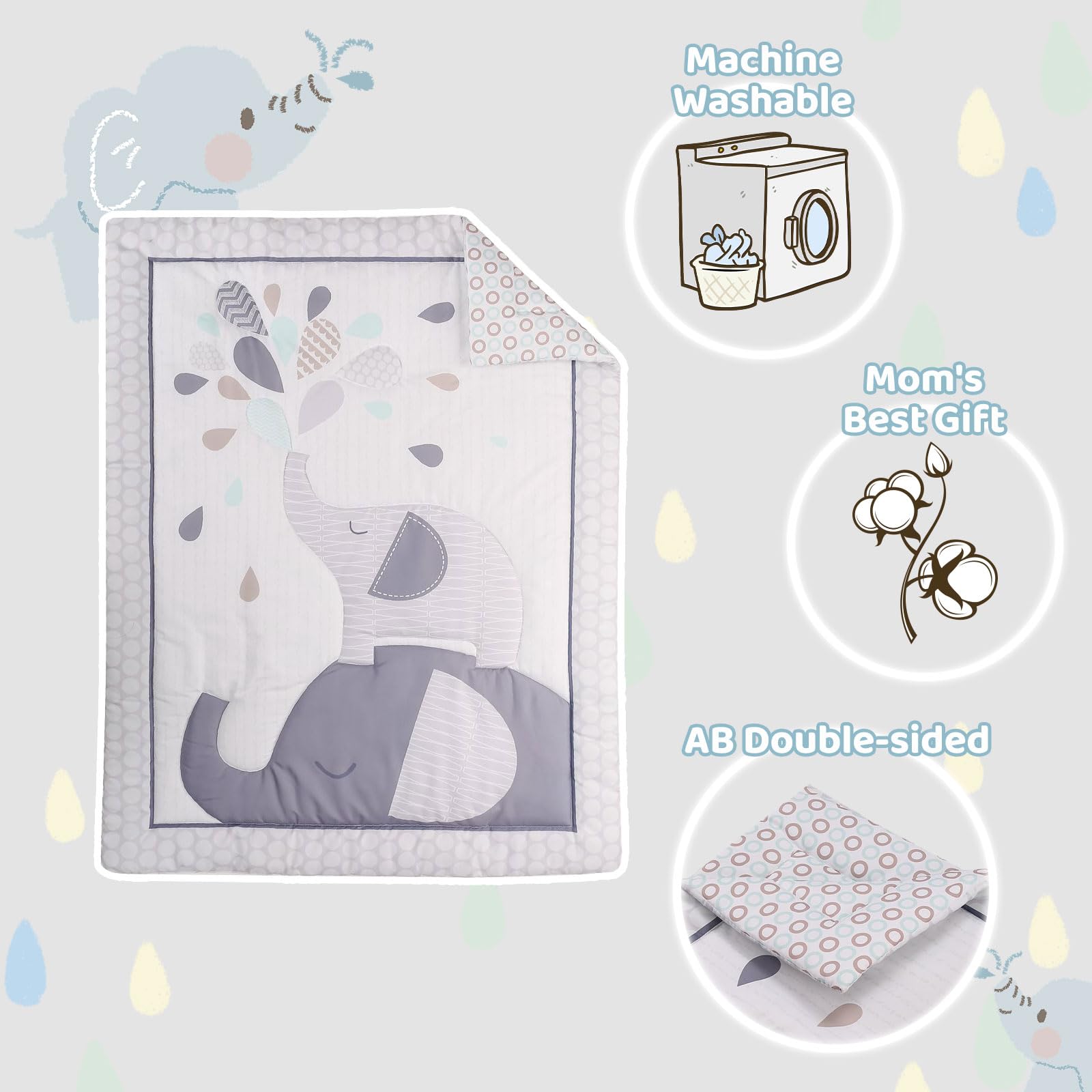 Wowelife grey elephant bedding closeup shows soft fabric texture