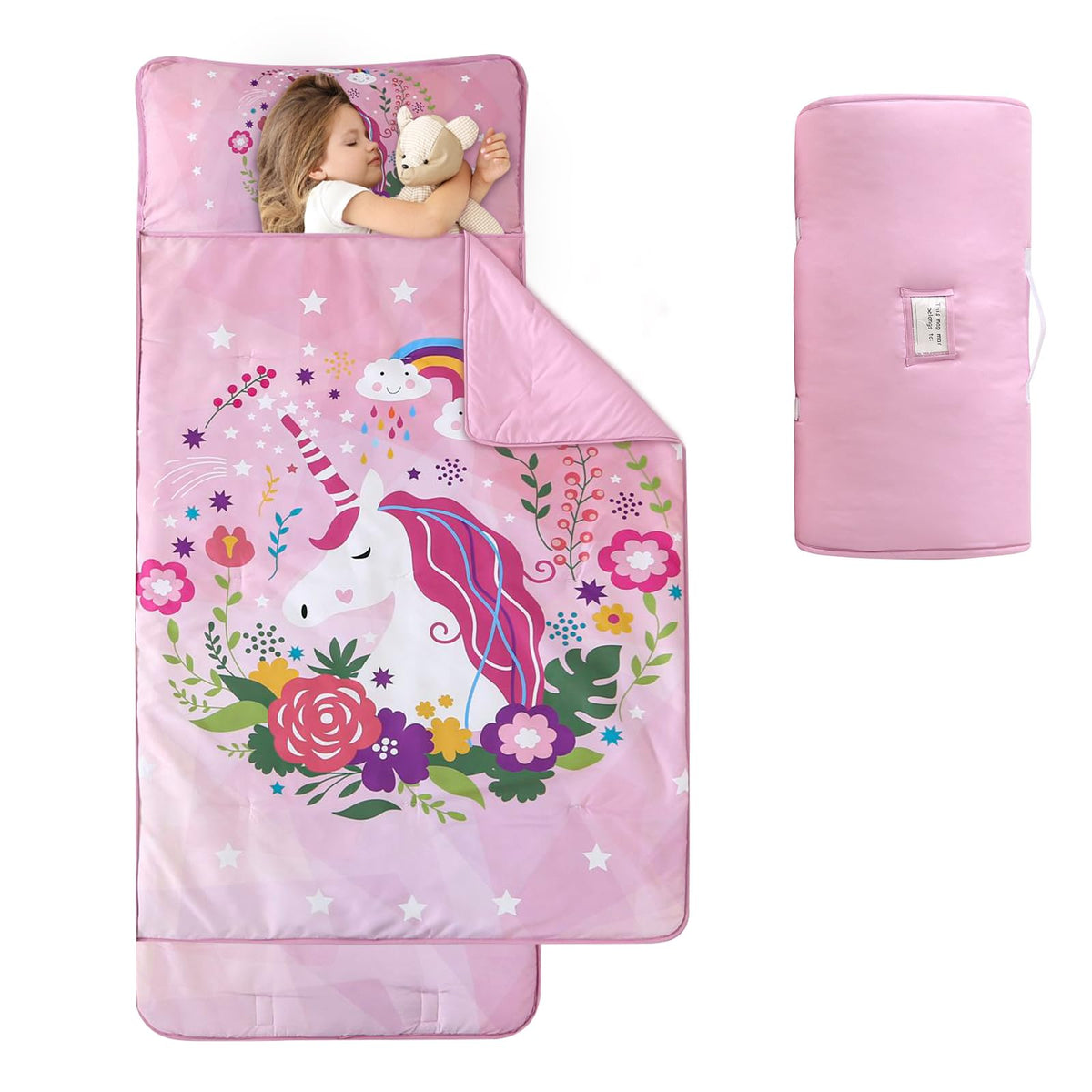Wowelife pink unicorn toddler nap mat, cozy comfort for preschoolers.